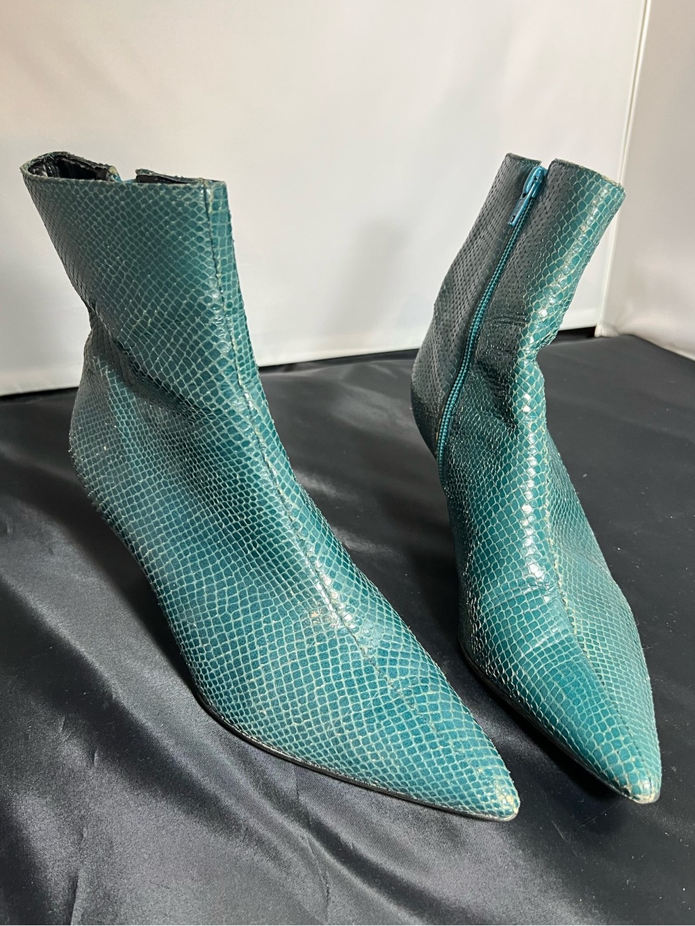 Y2K Emerald Faux Snakeskin Very Pointy Kitten Heel Short Boots Winter Party